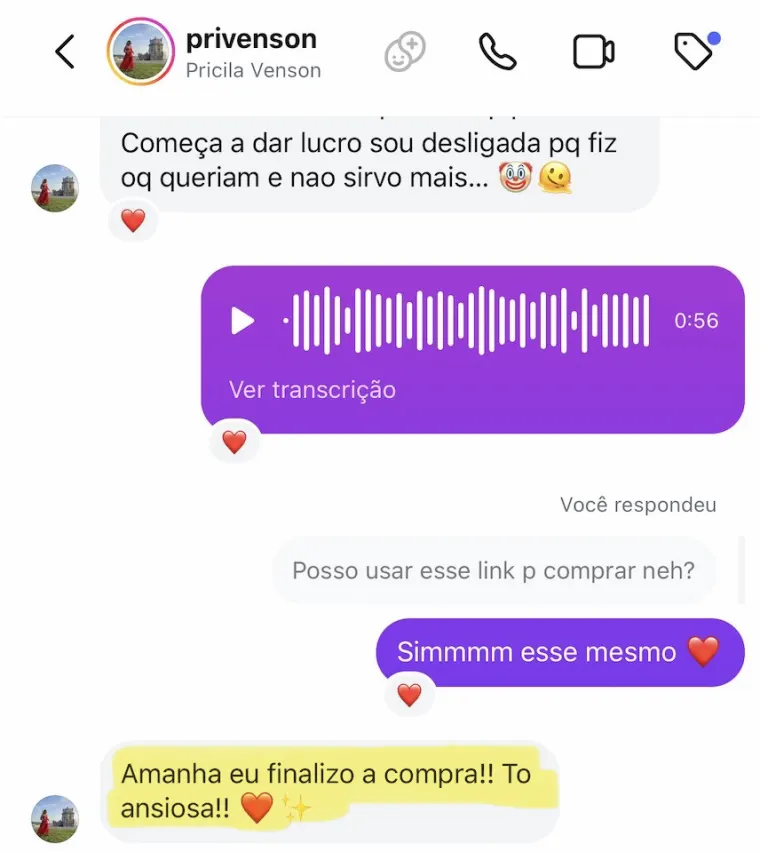 Mensagem de Instagram de aluna interessada em comprar