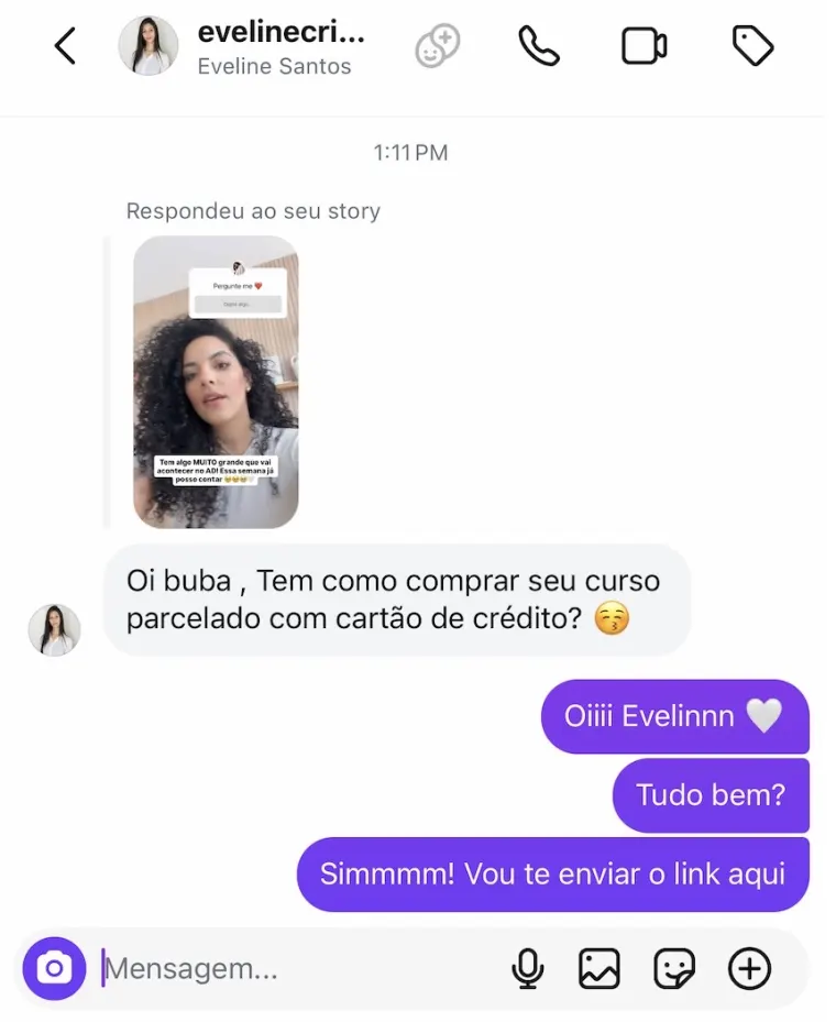 Mensagem de Instagram perguntando sobre compra parcelada