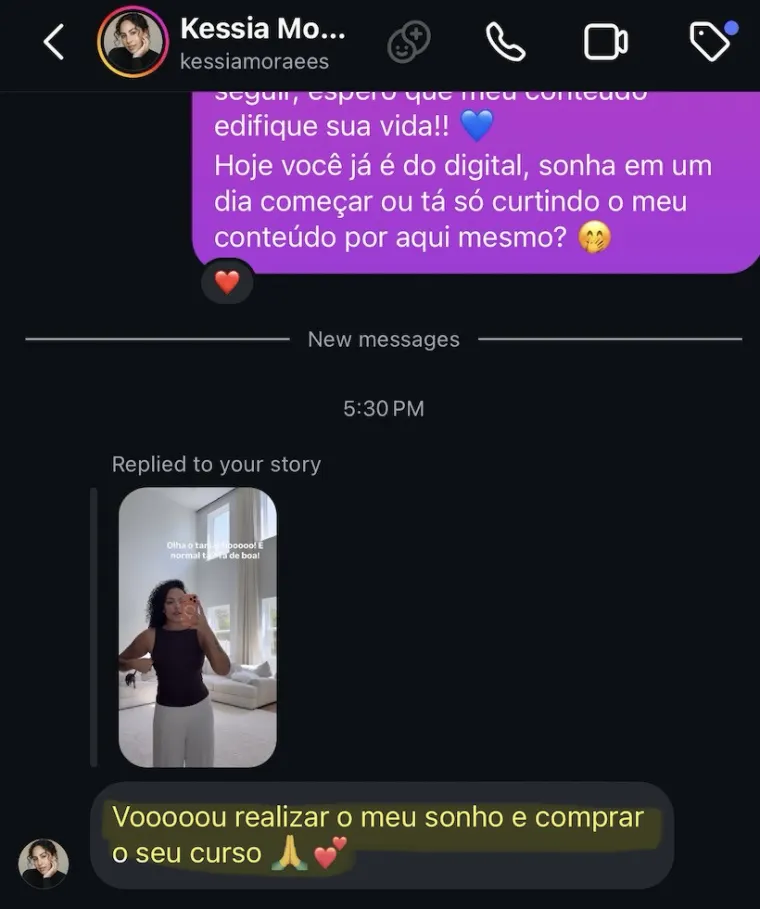 Mensagem de Instagram com interesse no curso