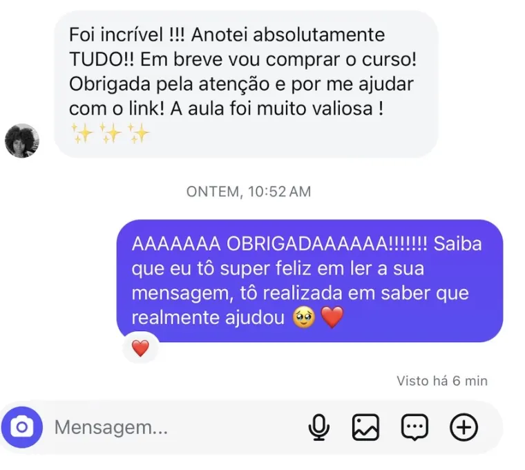 Mensagem de Instagram de aluna interessada